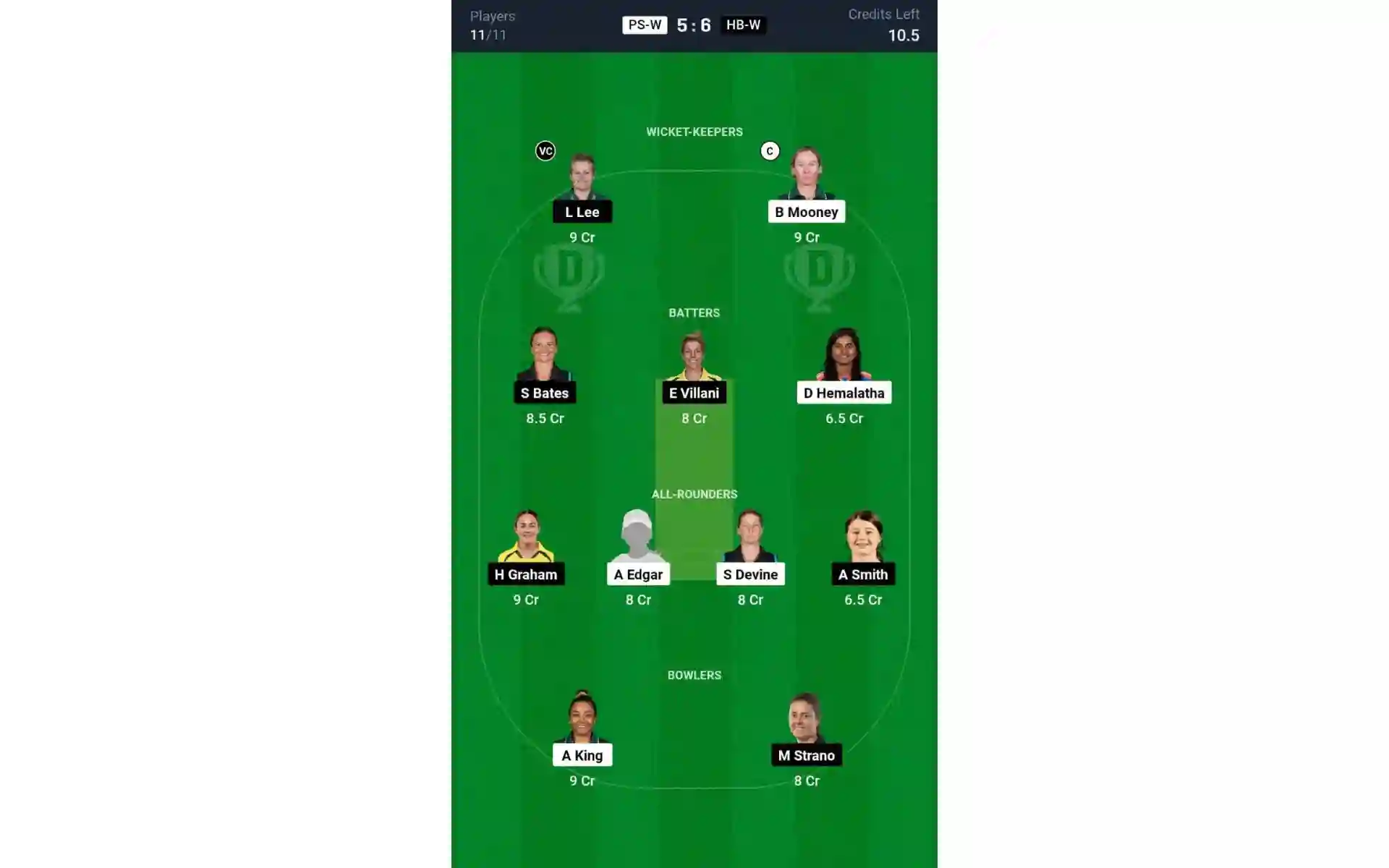 PS-W vs HB-W, WBBL 10: Dream11 Team 1 [Source: @Dream11 App]