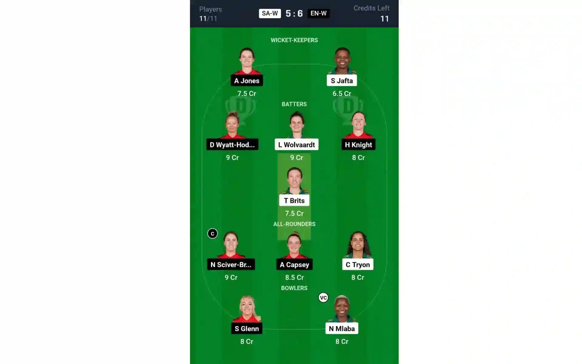 SA-W vs EN-W, 1st T20I: Dream11 Team 1 [Source: @Dream11 App]