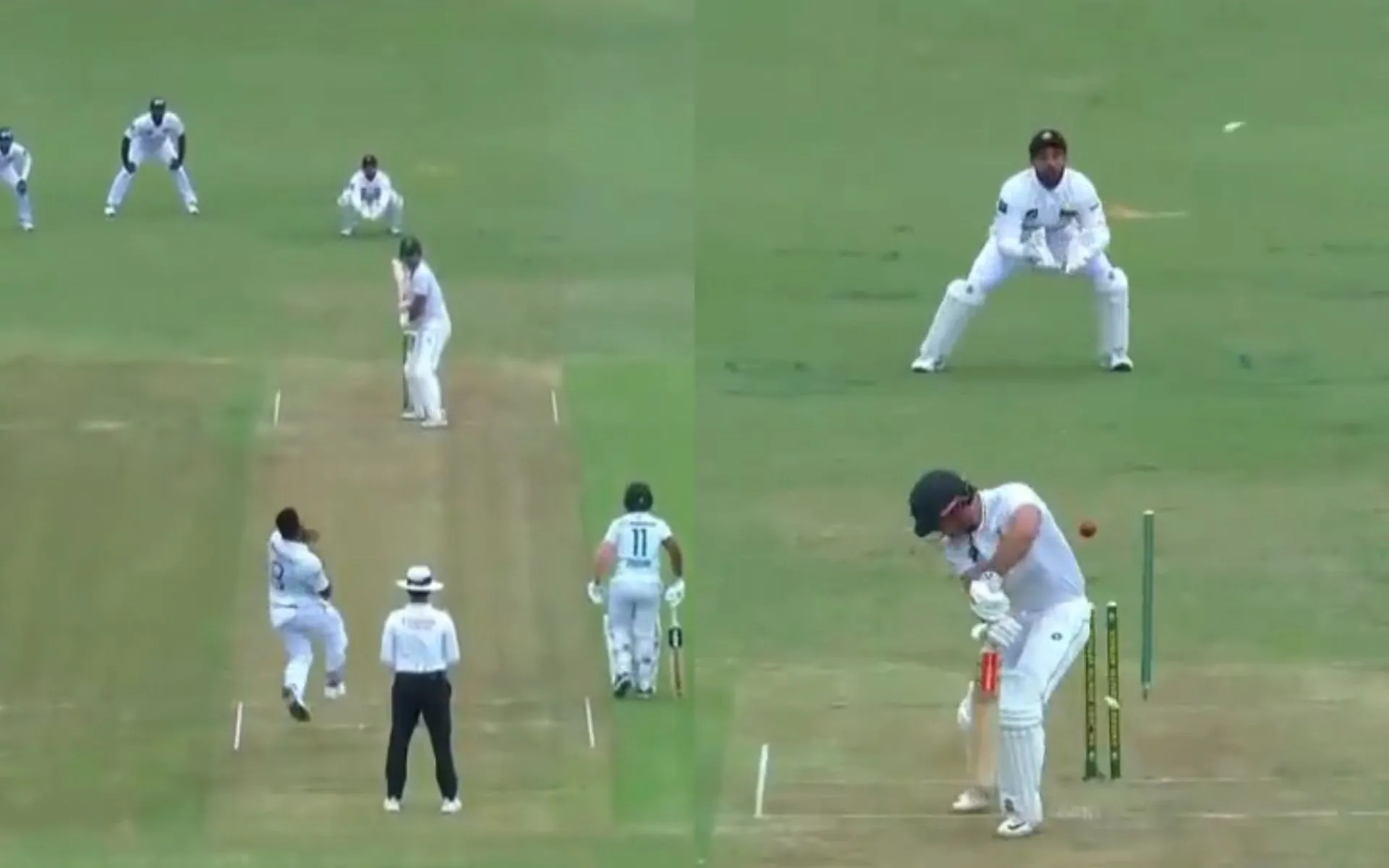 Lahiru Kumara sends off stump cartwheeling (Source: @caught1bowled/X)