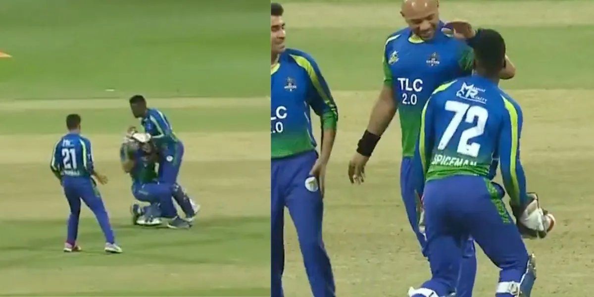 UP Nawabs fielders collide while taking a catching in T10 League [Source: @FanCode/X.com]