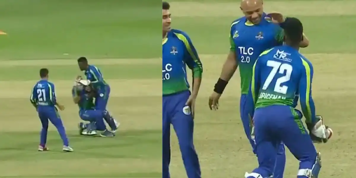 UP Nawabs fielders collide while taking a catching in T10 League [Source: @FanCode/X.com]