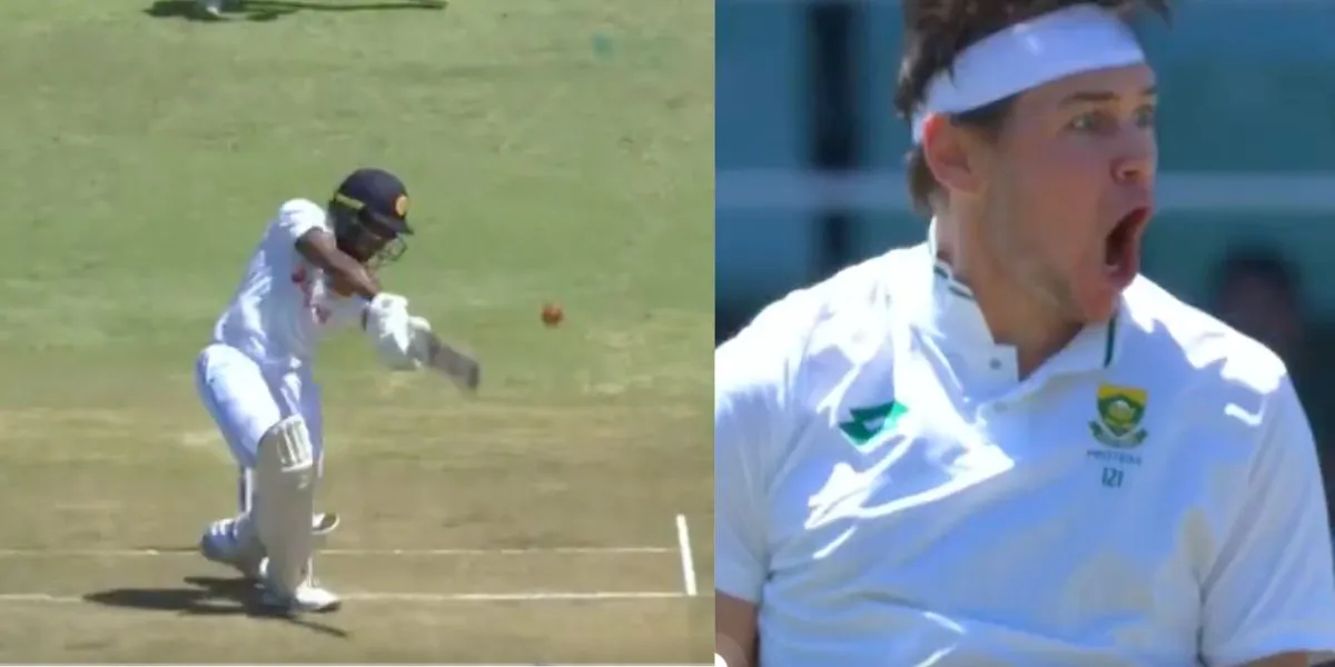 Gerald Coetzee dismisses Kamindu Mendis in first Test [Source: @JioCinema/X.com]