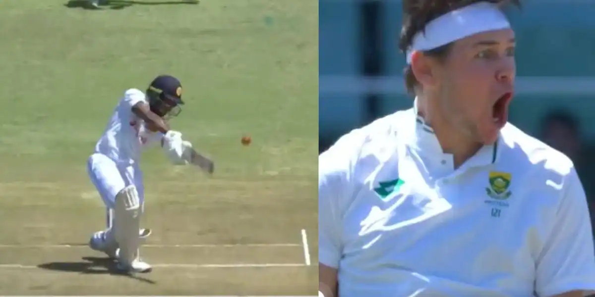 Gerald Coetzee dismisses Kamindu Mendis in first Test [Source: @JioCinema/X.com]