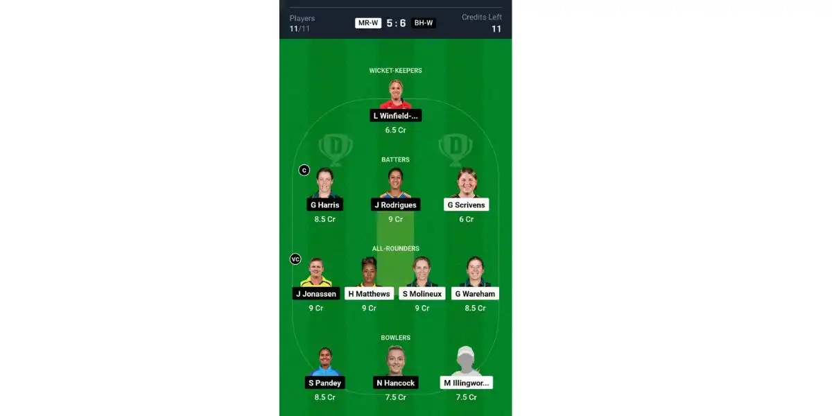 MR-W vs BH-W, WBBL Final: Dream11 Team 2 [Source: Dream Team App]