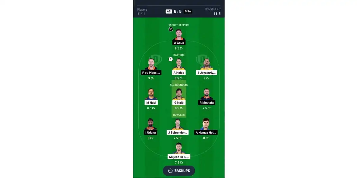 AB vs MSA, Dream11 Team 1 [Source: @Dream11 App]