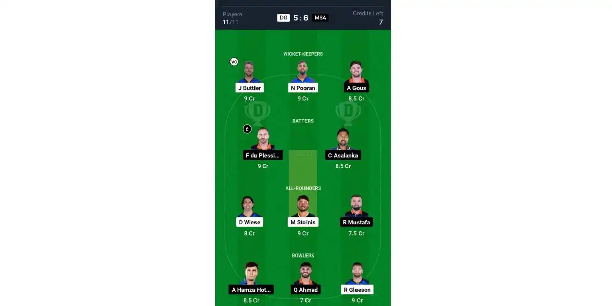 DG vs MSA, Abu Dhabi T10 League: Dream11 Team 1 [Source: @Dream11 App]