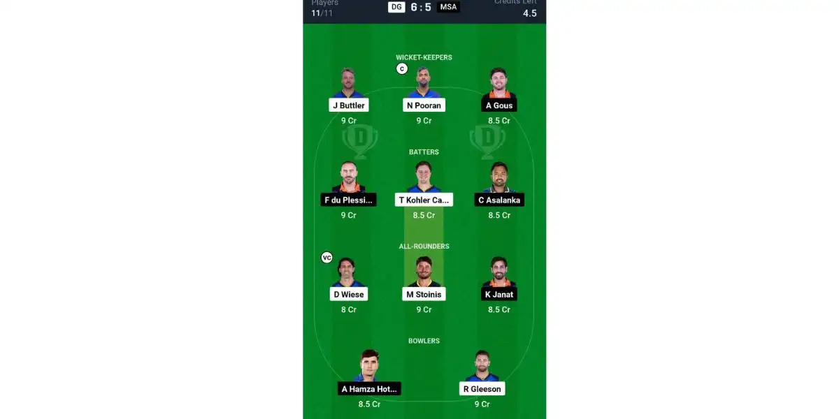 DG vs MSA, Abu Dhabi T10 League: Dream11 Team 1 [Source: @Dream11 App]