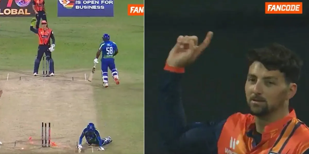 Tim David celebrating a runout against UP Nawabs [Source: @FanCode/x]