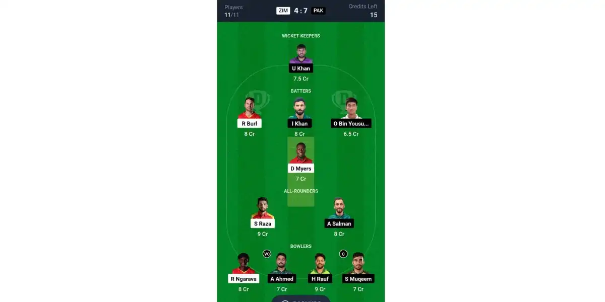 ZIM vs PAK, T20I Series: Dream11 Team 1 [Source: @ Dream11 App]