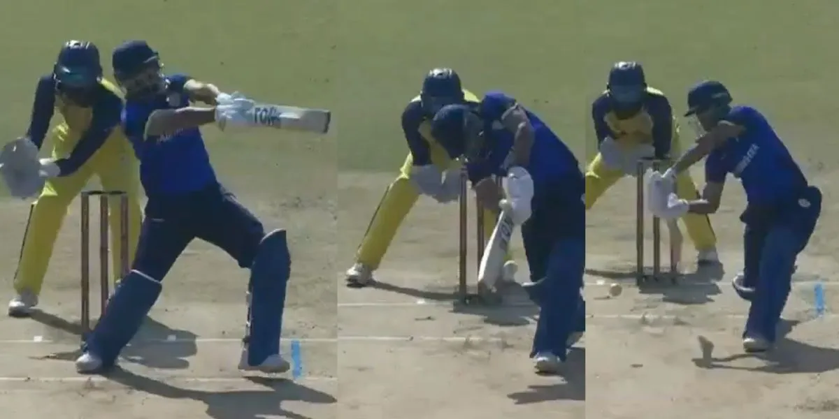 Harvik Desai's onslaught against Sai Kishore (Source:@BCCIdomestic/X.com)