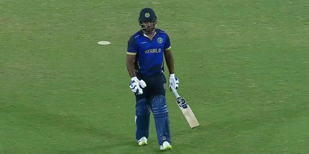 Sanju Samson was dismissed cheaply vs Andhra [Source: @samson_zype/X]