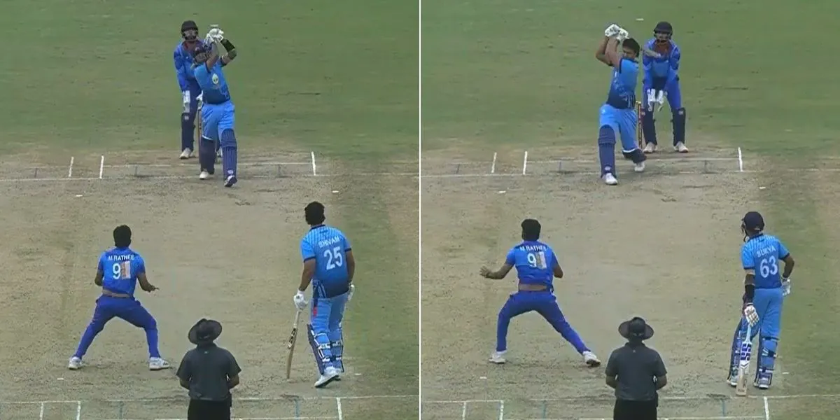 Suryakumar Yadav and Shivam Dube hit sixes off Mohit Rathee. [Source: @BCCIdomestic/X]
