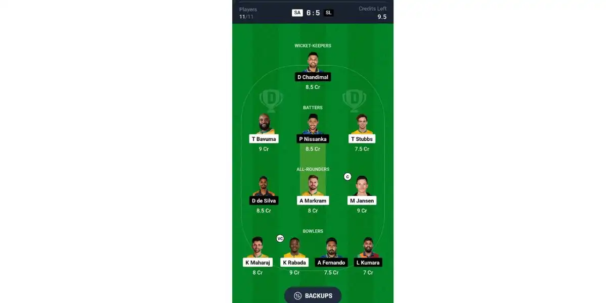 SA vs SL, Test Series: Dream11 Team 1 [Source: @Dream11 App]