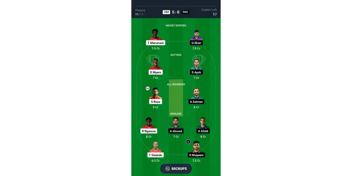 ZIM vs PAK, Dream11 Team 1 [Source: @Dream11 App]