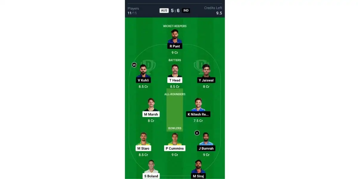 IND vs AUS, 2nd Test: Dream11 Team 1 [Source: @Dream11 App]