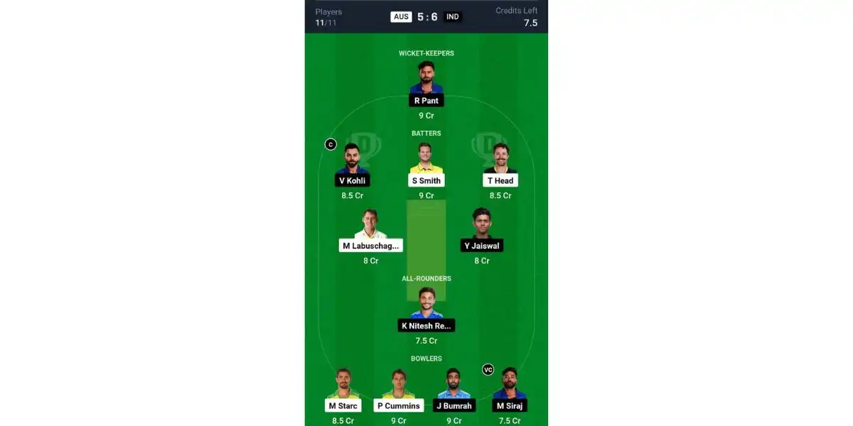 IND vs AUS, 2nd Test: Dream11 Team 2 [Source: @Dream11 App]