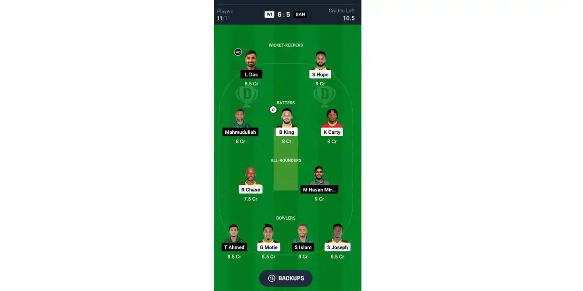 WI vs BAN, 1st ODI: Dream11 Team 1 [Source: @Dream11 App]