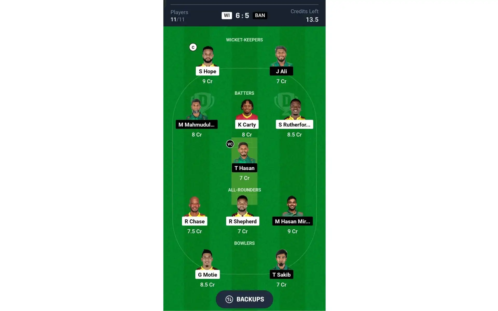 WI vs BAN, 2nd ODI: Dream11 Team 1 [Source: @Dream11 App]