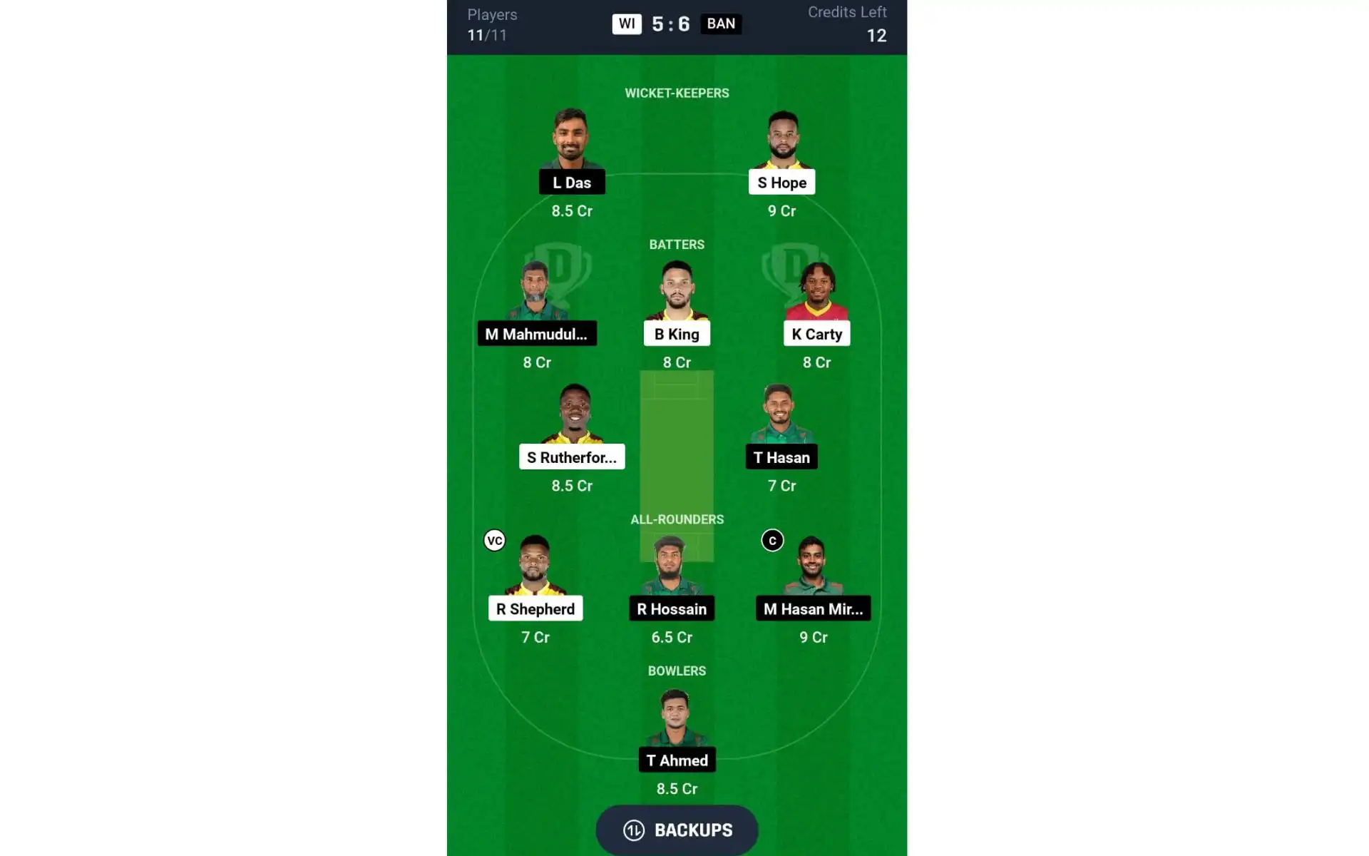 WI vs BAN, 2nd ODI: Dream11 Team 2 [Source: @Dream11 App]