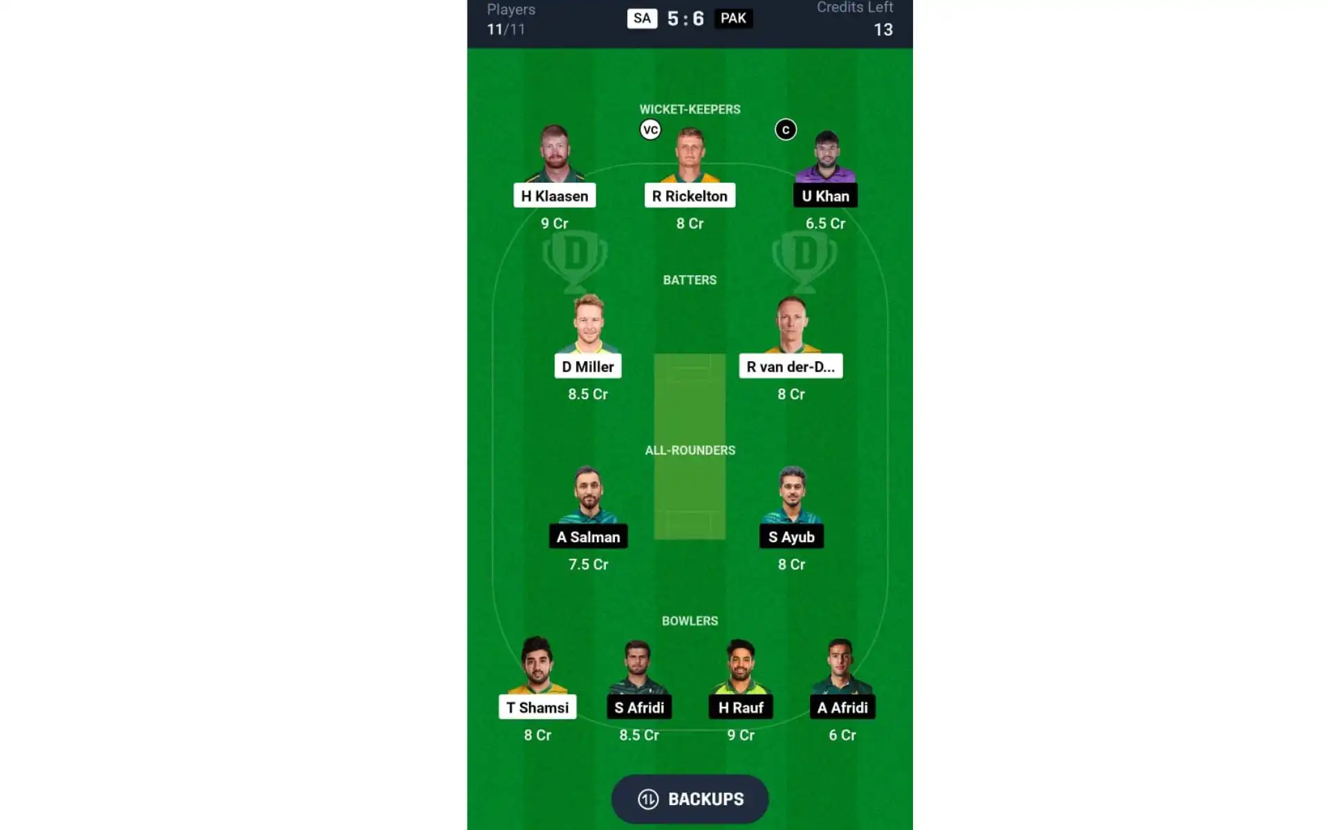 SA vs PAK, 1st T20I: Dream11 Team 1 [Source: @Dream11 App]