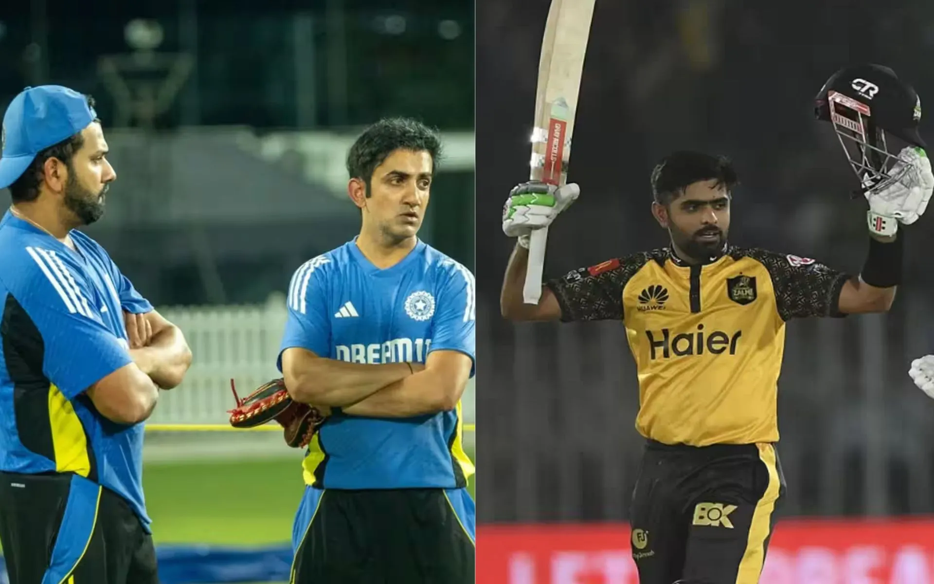 Rohit Sharma, Gautam Gambhir and Babar Azam [Source: @sportscey, @thePSLt20/x]