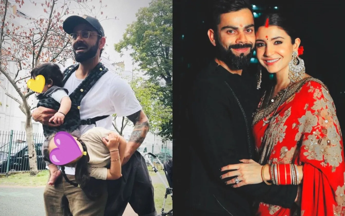 Virat Kohli with sone Akaay and daughter Vamika [Source: @ViratFanTeam, @malhotrasgirl/X.com]