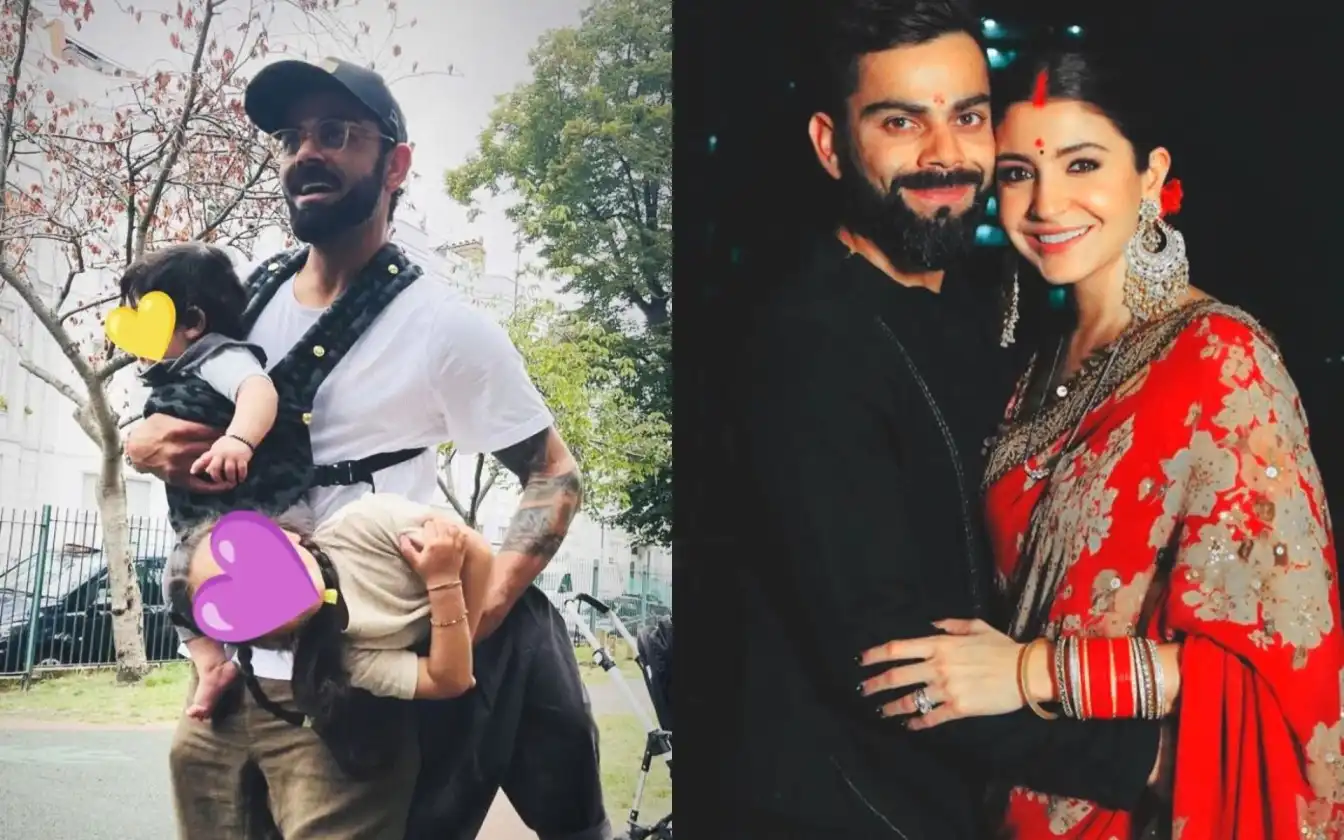 Virat Kohli with sone Akaay and daughter Vamika [Source: @ViratFanTeam, @malhotrasgirl/X.com]