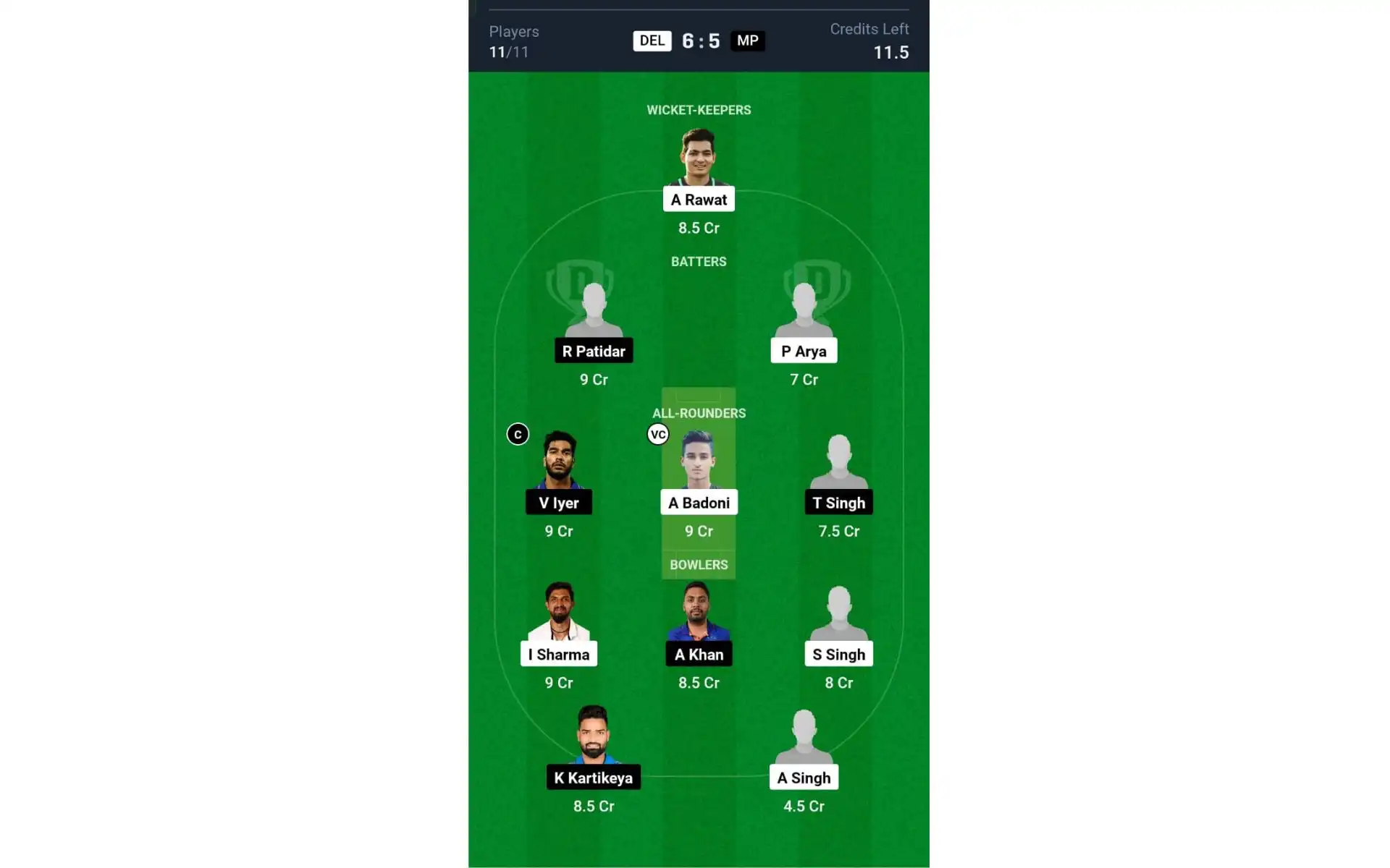 DEL vs MP, SMAT 2024: Dream11 Team 1 [Source: @Dream11 App]