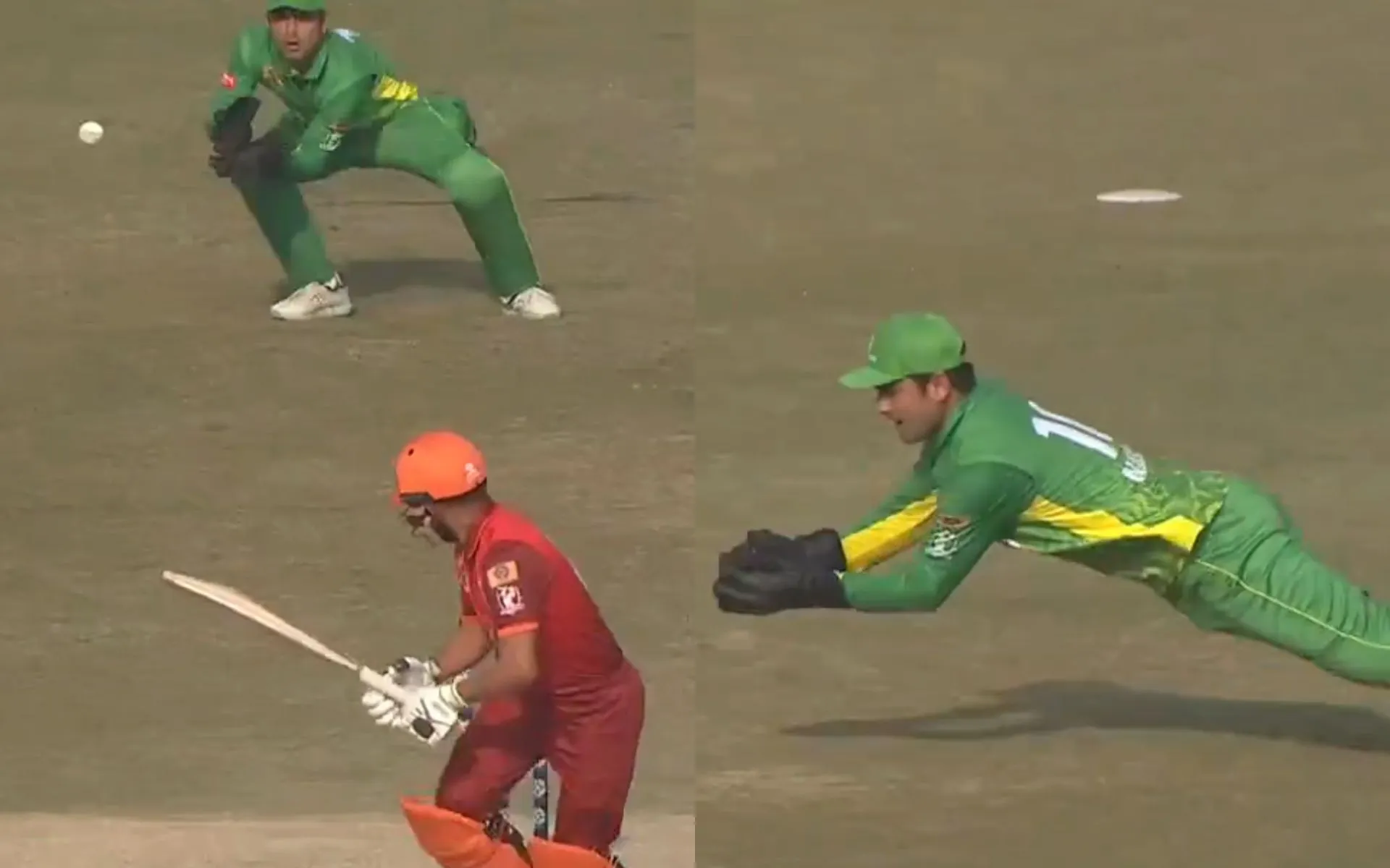 Khawaja Nafay pulls off a difficult catch of Mohammad Haris behind stumps [Source: @UMTMarkhors/X.com]