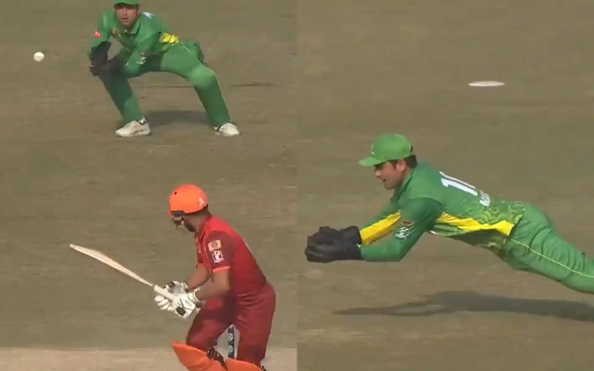 Khawaja Nafay pulls off a difficult catch of Mohammad Haris behind stumps [Source: @UMTMarkhors/X.com]