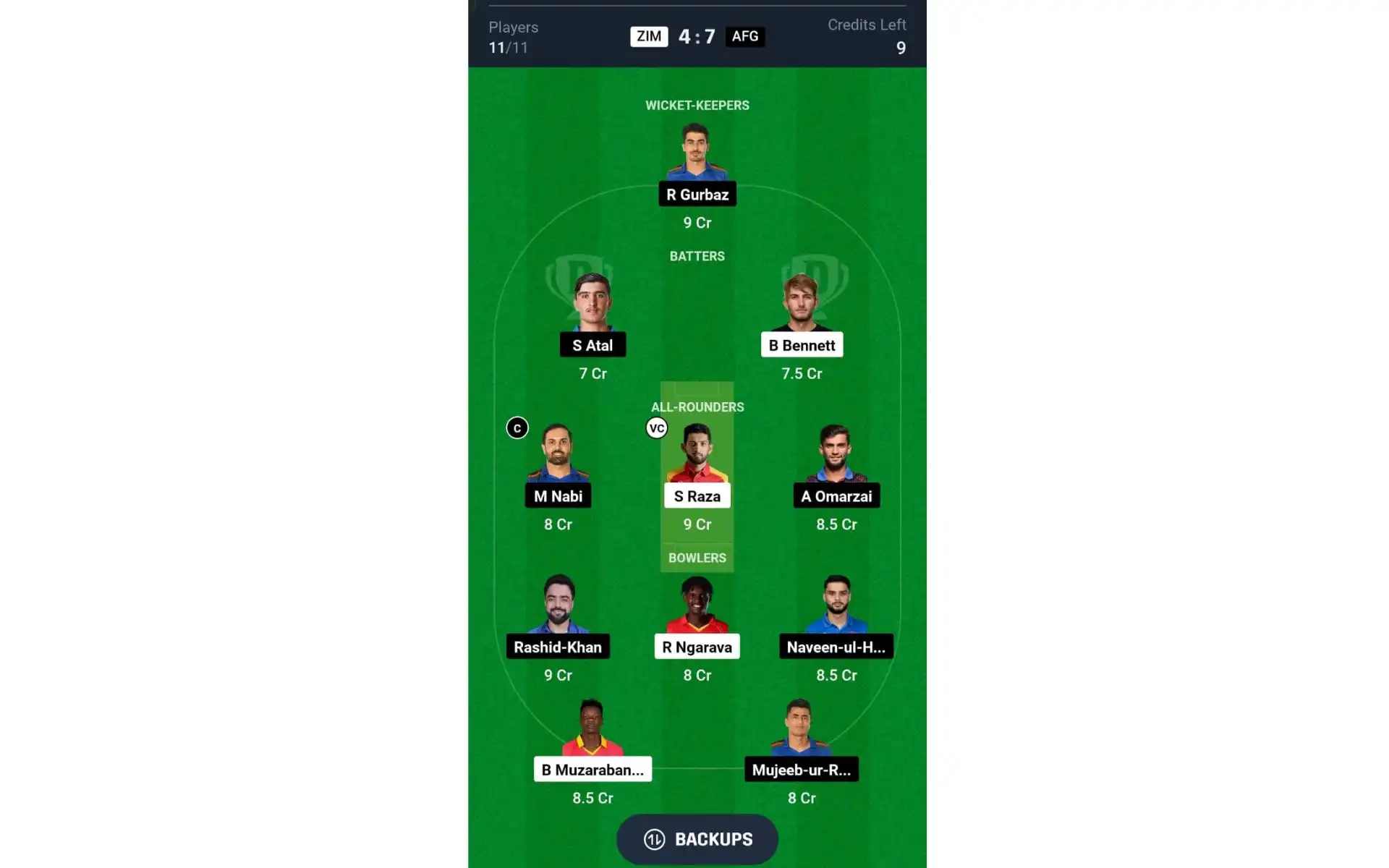 ZIM vs AFG, T20I Series: Dream11 Team 1 [Source: @Dream11 App]