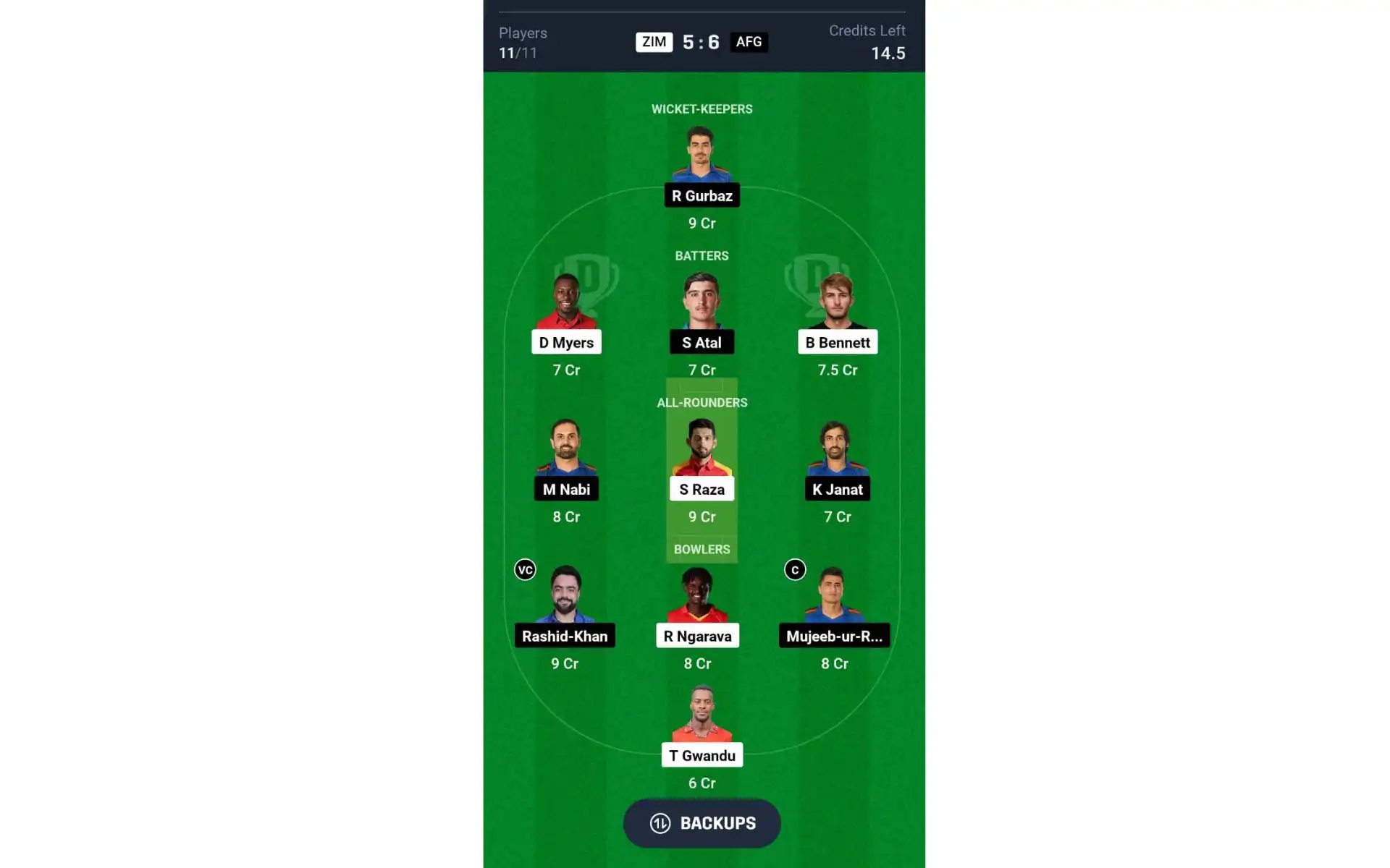 ZIM vs AFG, T20I Series: Dream11 Team 2 [Source: @Dream11 App]