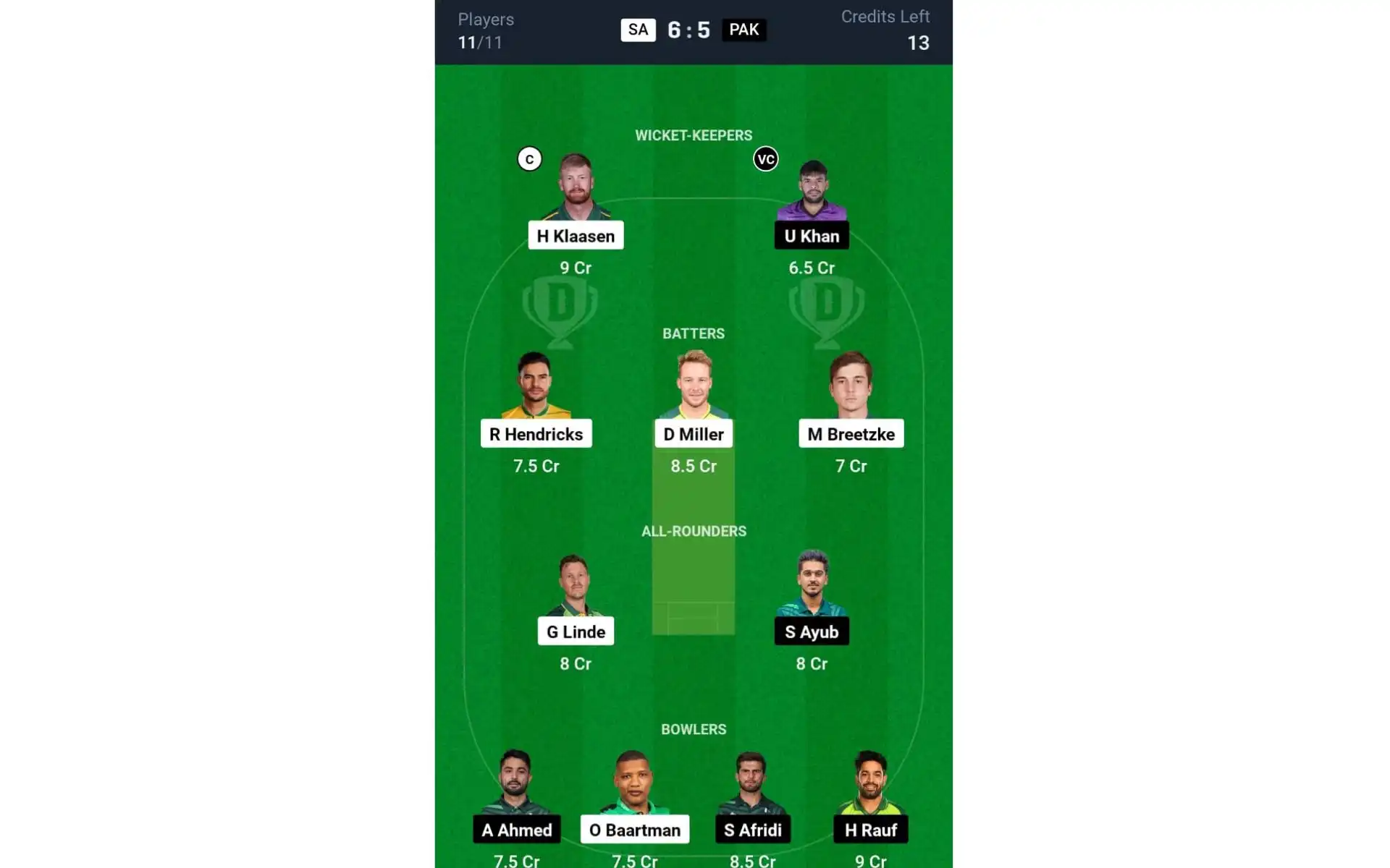 SA vs PAK, 2nd T20I: Dream11 Team 1 [Source: @Dream11 App]