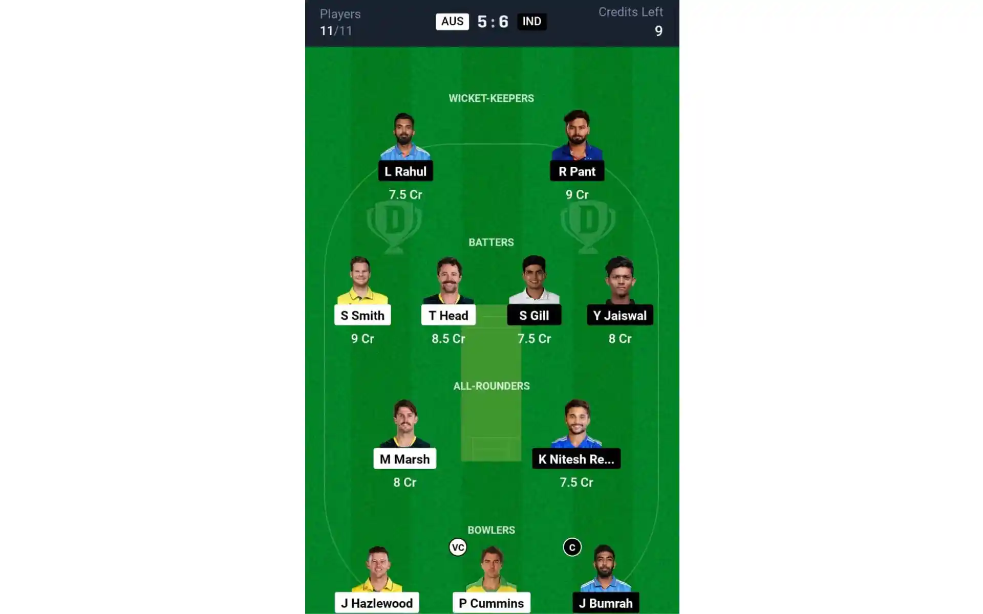 AUS vs IND, तीसरा टेस्ट: Dream11 टीम 1 [स्रोत: @Dream11 ऐप]