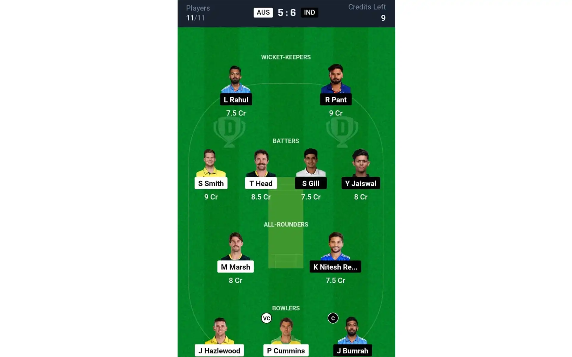 AUS vs IND, 3rd Test: Dream11 Team 1 [Source: @Dream11 App]