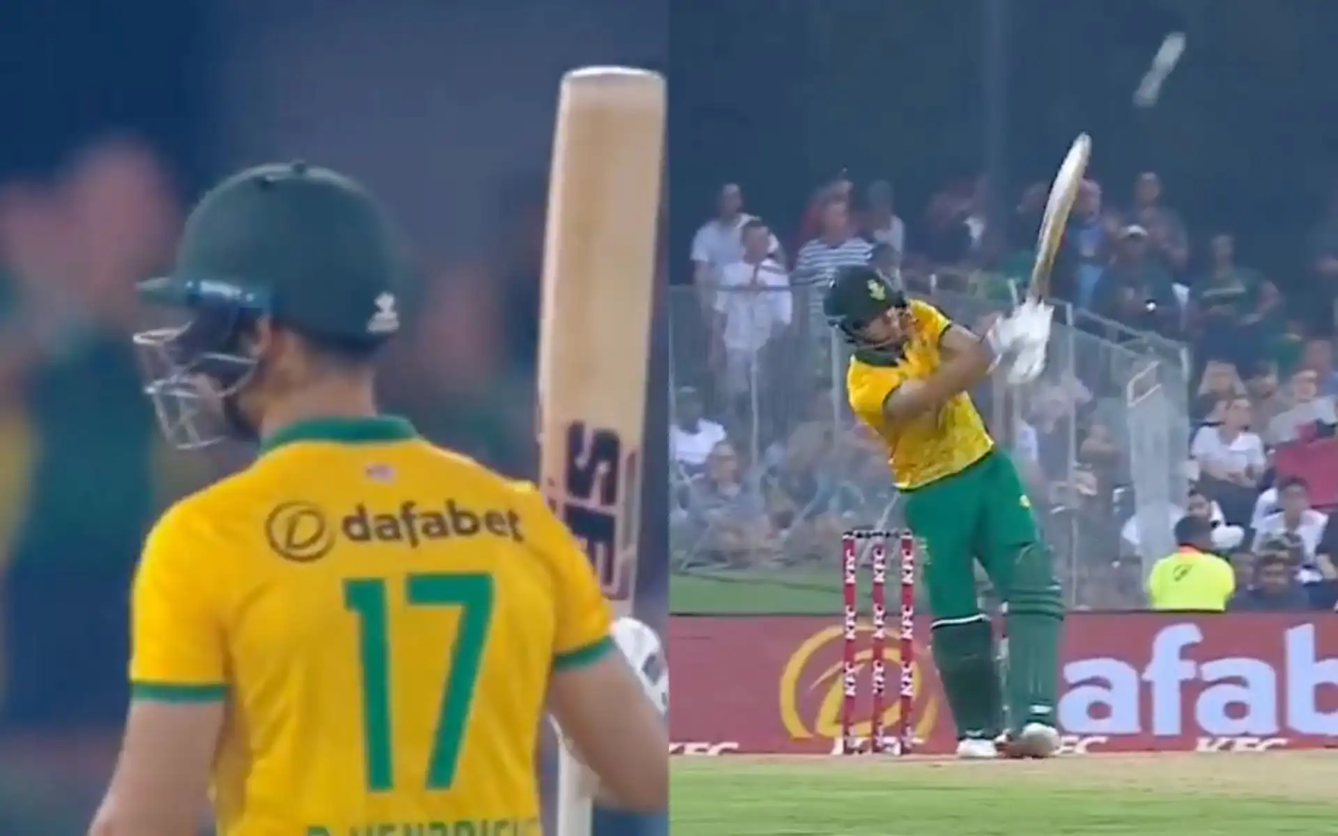 Reeza Hendricks hit an innovative six to get his 50 against Pakistan [Source: Screen grab from @gavaskar_theman/x.com]