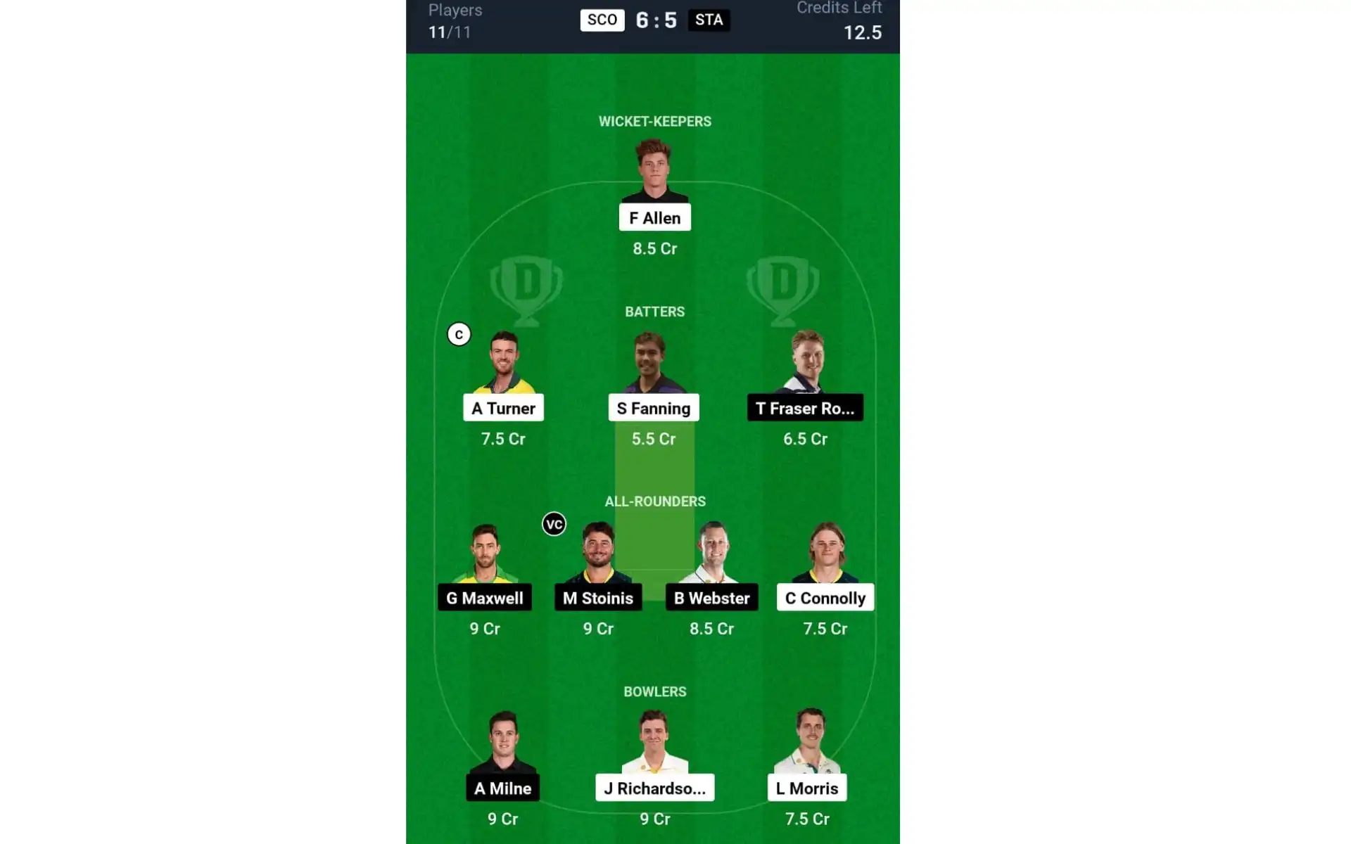 SCO vs STA, Match 1: Dream11 Team 1 [Source: @Dream11 App]