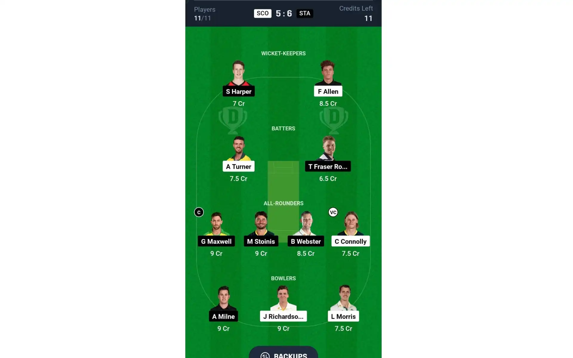SCO vs STA, Match 1: Dream11 Team 2 [Source: @Dream11 App]