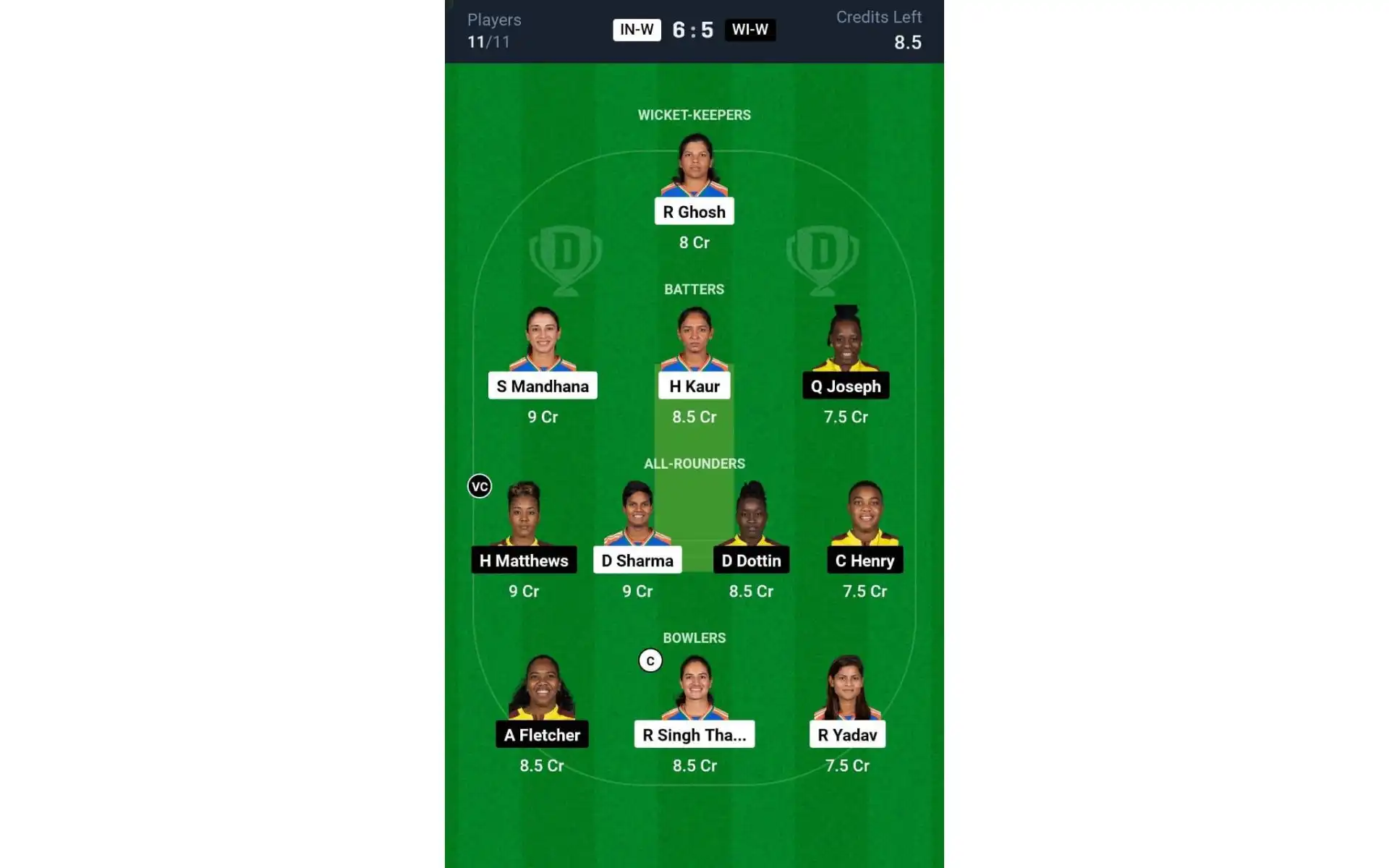 IN-W vs WI-W 1st T20I: Dream11 Team 1 [Source: @Dream11 App]