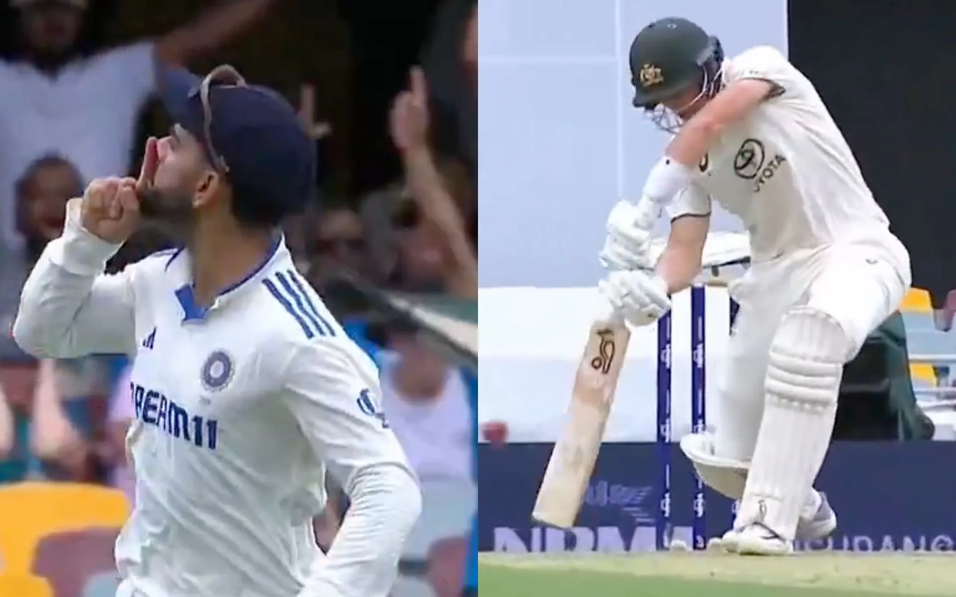 Virat Kohli gestured silence to the Gabba crowd after Labuschagne's dismissal [Source: Screengrab from @gavaskar_theman/x.com]
