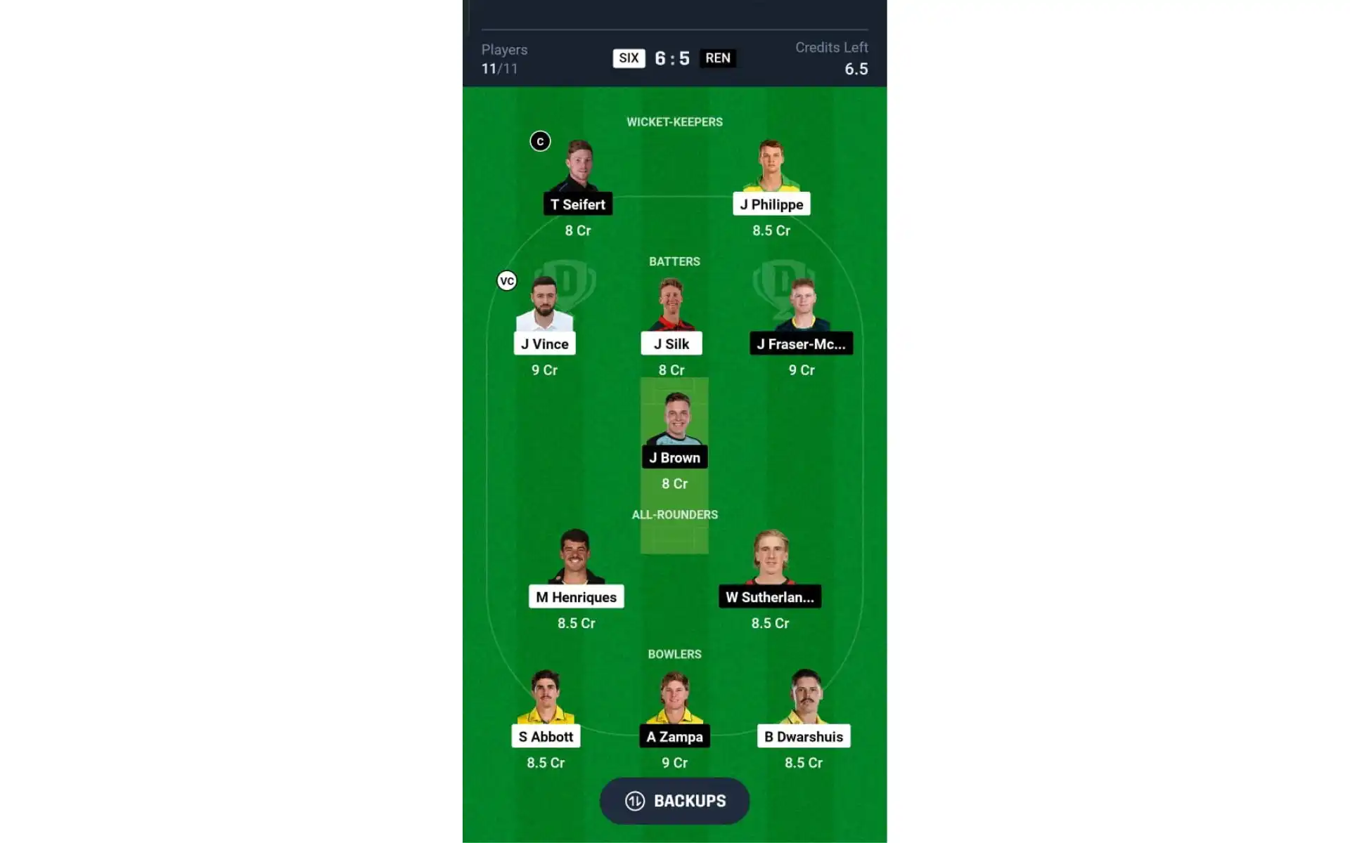SIX vs REN, 2nd Match: Dream11 Team 1 [Source: @Dream11 App]
