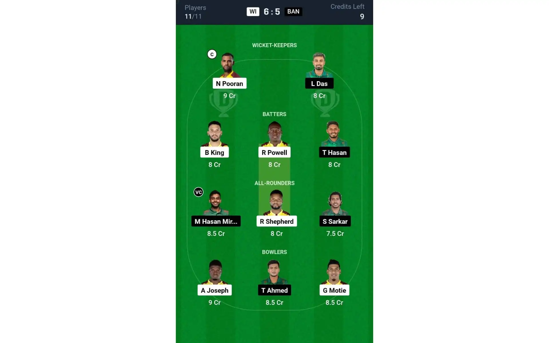 WI vs BAN 1st T20I: Dream11 Team 1 [Source: @Dream11 App]