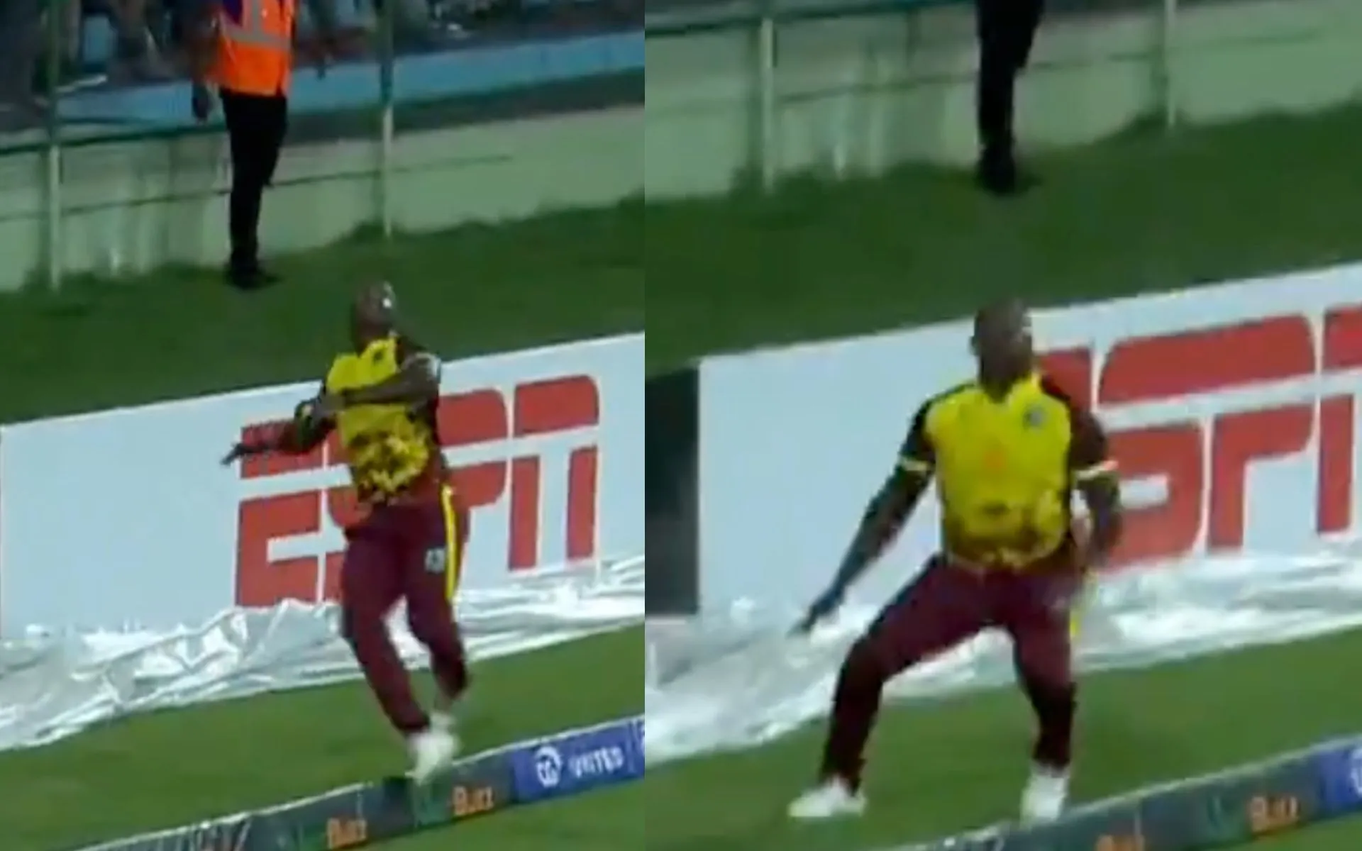 Rovman Powell took a brilliant catch to dismiss Jaker Ali [Source: @gavaskar_theman/x.com]
