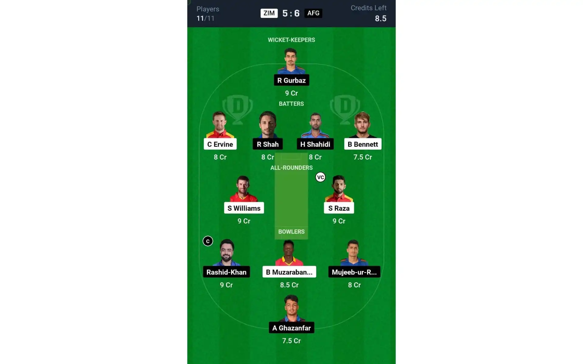 ZIM vs AFG 1st ODI: Dream11 Team 1 [Source: @Dream11 App]