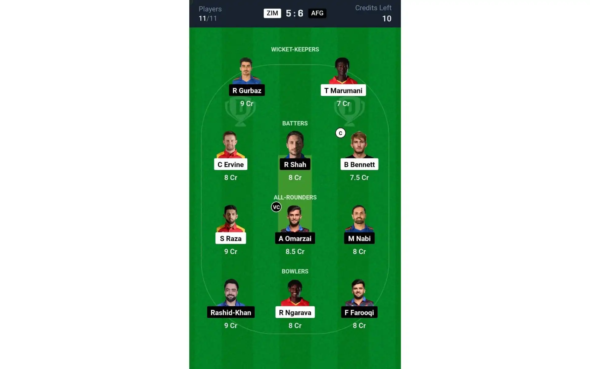 ZIM vs AFG 1st ODI: Dream11 Team 2 [Source: @Dream11 App]