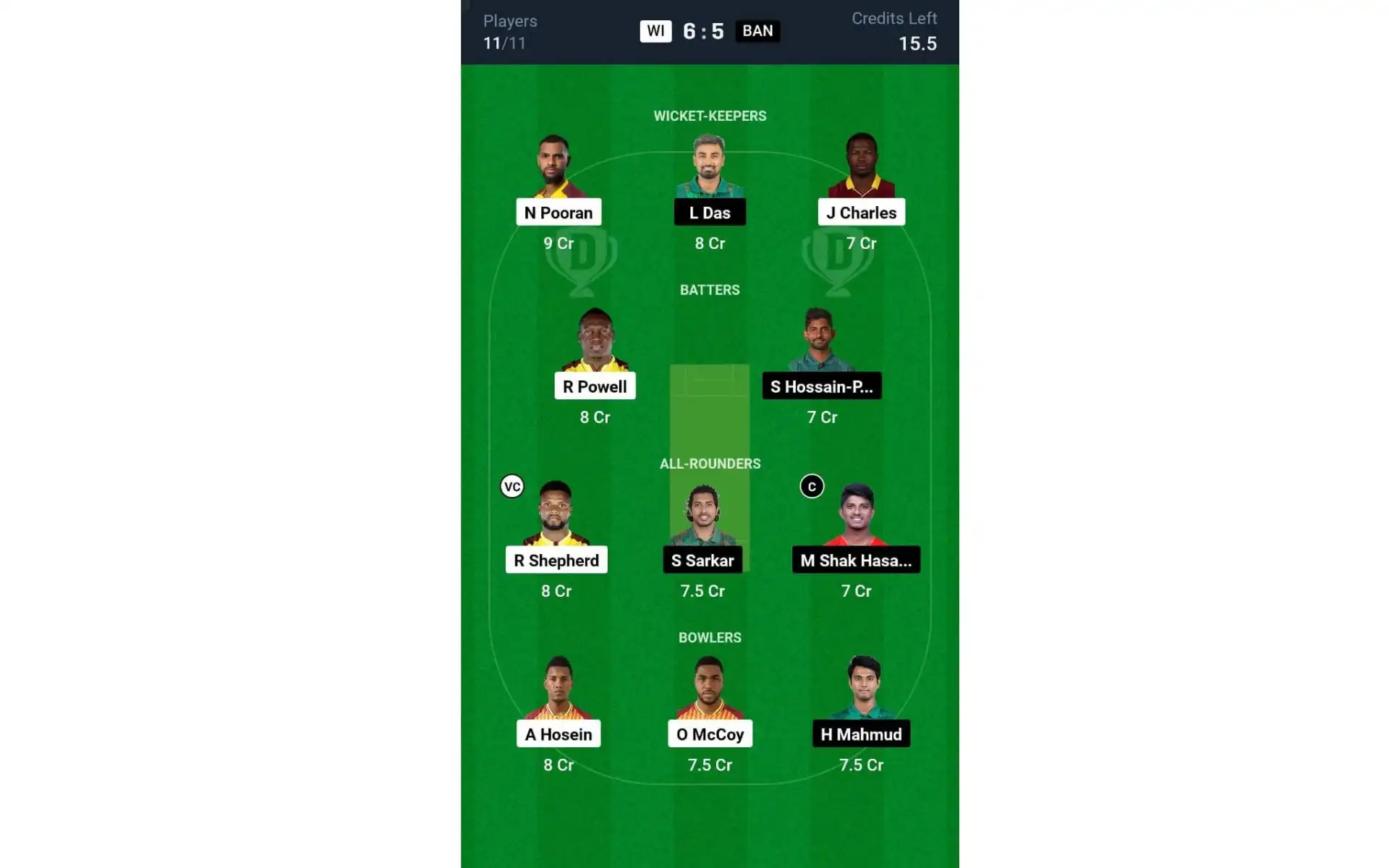 WI vs BAN 2nd T20I: Dream11 Team 1 [Source: @Dream11 App]