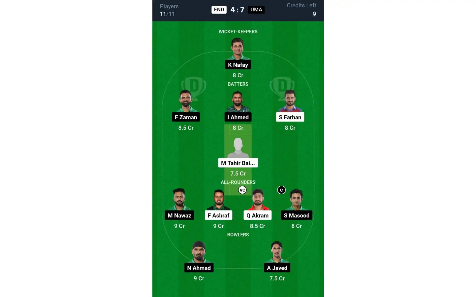 END vs UMA Champions T20 Cup 2024: Dream11 Team 1 [Source: @Dream11 App]