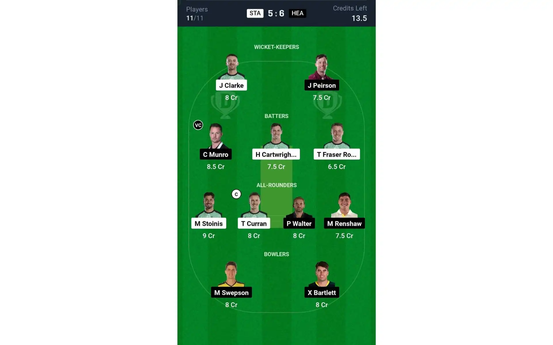 STA vs HEA, 4th Match: Dream11 Team 1 [Source: @Dream11 App]