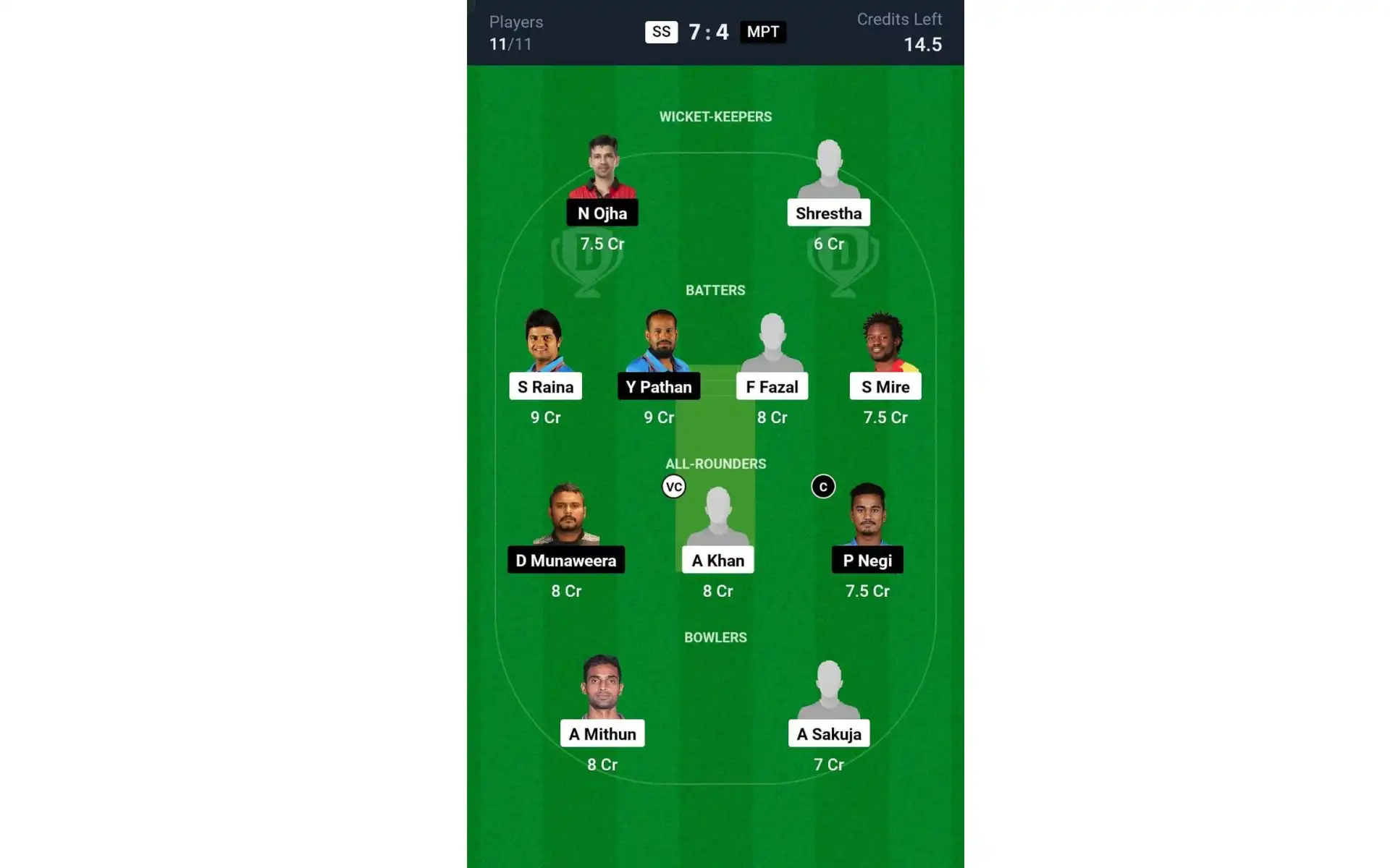 SS vs MPT, BCL T20 2024: Dream11 Team 2 [Source: @Dream11 App]