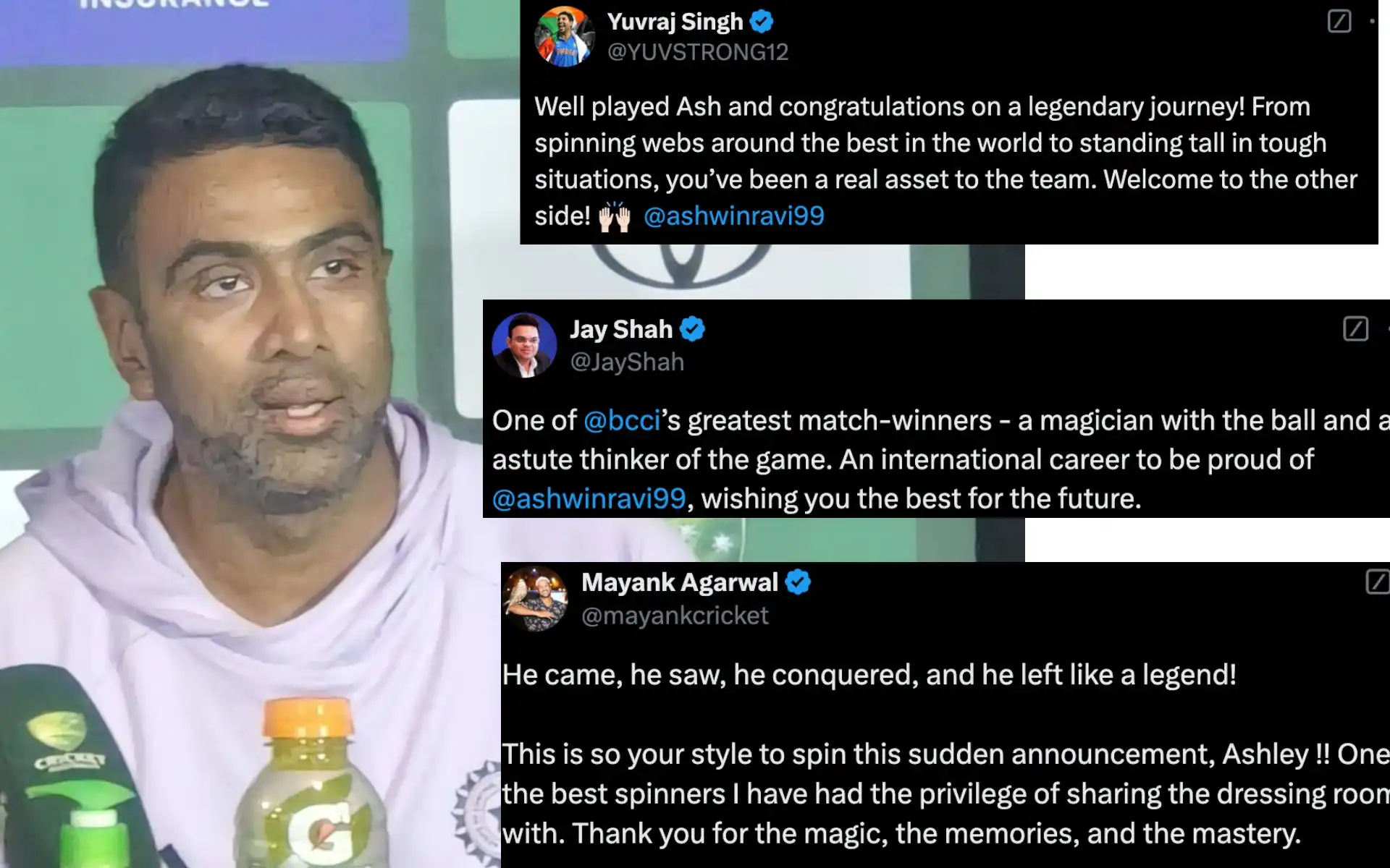 Cricket fraternity pays tribute to Ashwin [Source: @SportASmile, @JayShah, @mayankcricket, @YUVSTRONG12/X.com]